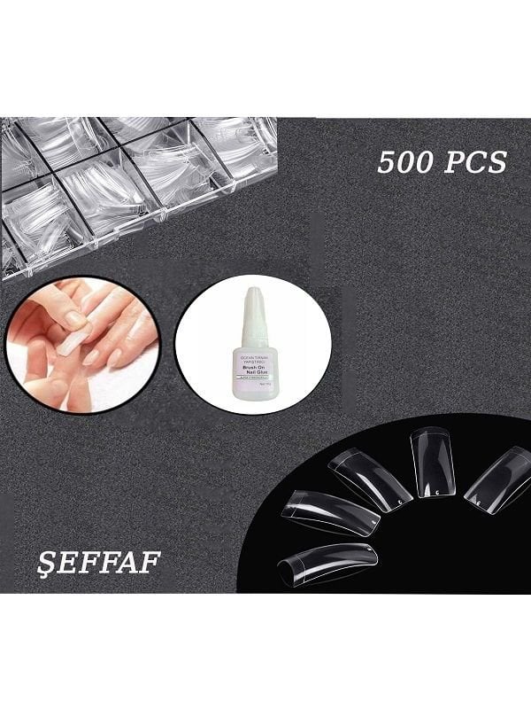 Takma Tırnak Yarım Ay Yarıdan Uca Takılan Jel Ve Akrilik Tips,Güçlü Yapiştirici Hediyeli 500lüŞEFFAF