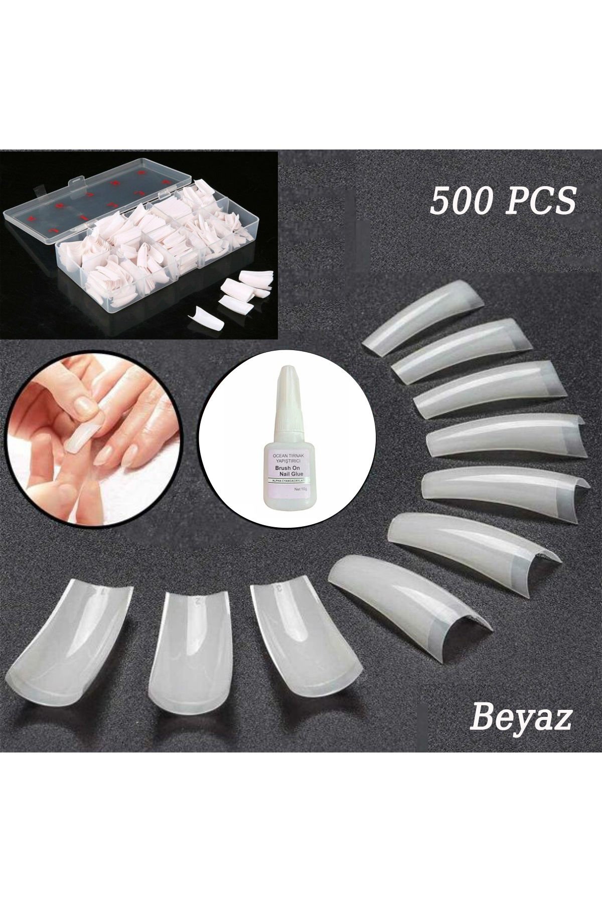 Takma Tırnak Yarım Ay Yarıdan Uca Takılan Jel Ve Akrilik Tips,Güçlü Yapiştirici Hediyeli 500lü BEYAZ