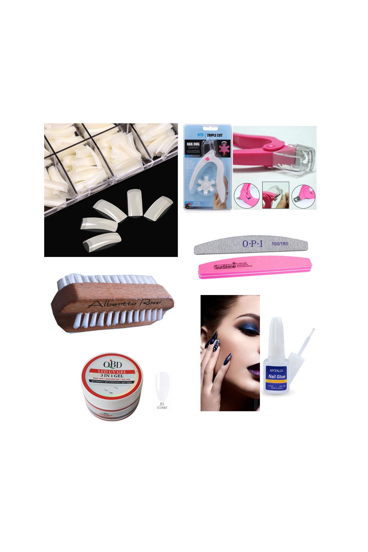 PROTEZ TIRNAK SETİ 7 PARÇA, 100LÜ NATUREL TIRNAK +FIRCA+YAPIŞTIRICI+MAKAS+TÖRPÜ  +3İN1 GEL (CLEAR)