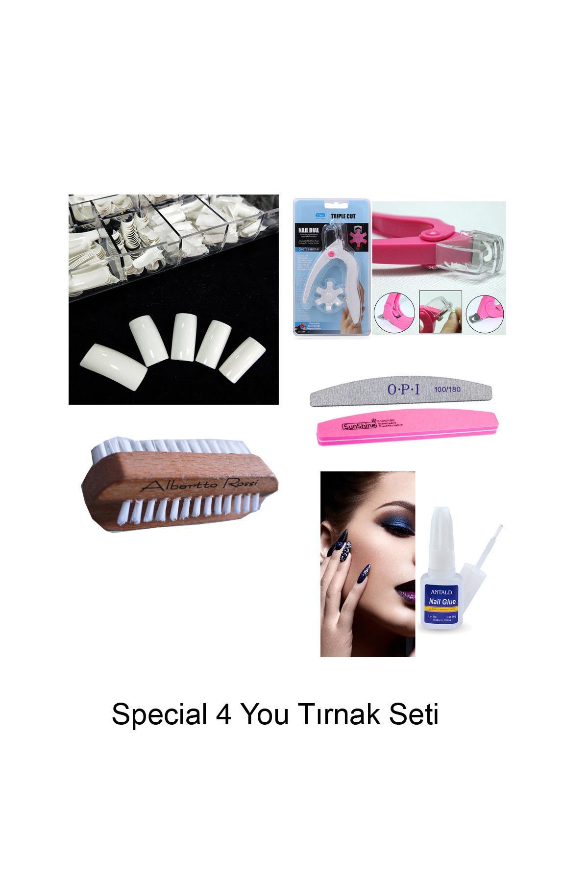 PROTEZ TIRNAK 6'LI SET, 100LÜ BEYAZ TIRNAK +FIRCA+YAPIŞTIRICI+MAKAS+TÖRPÜ